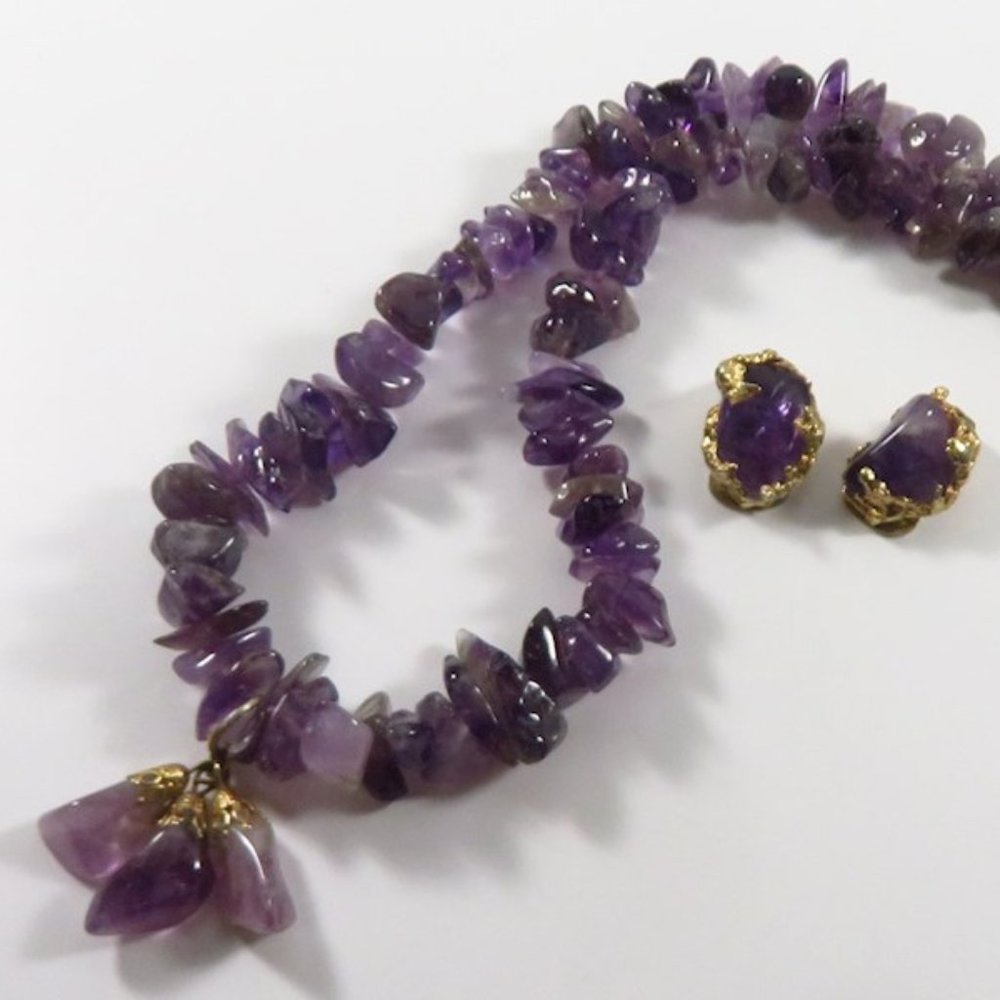 Amethyst Nugget Necklace & Clip-on Earring Set 18"